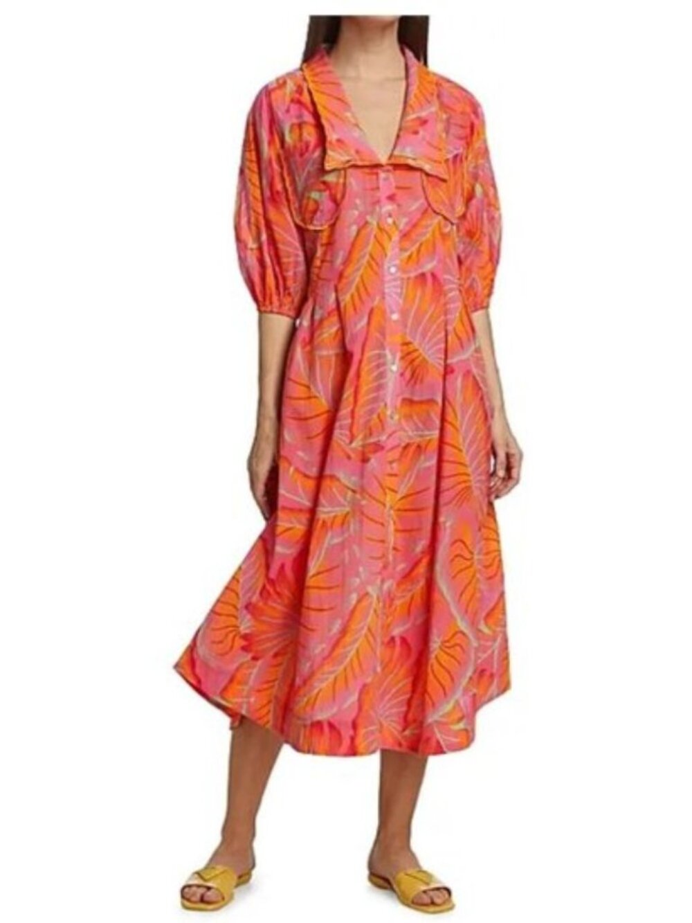 FARM RIO "Bright Forest" Button Up Midi Puff Sleeve Leaf Print Orange/Pink L